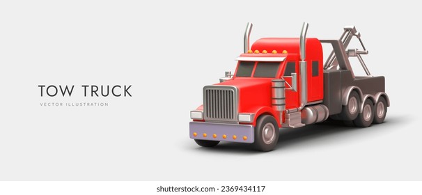 3d realistic tow truck in red colors. Advertising poster for delivery company. Transport evacuation and transportation concept. Colorful vector illustration