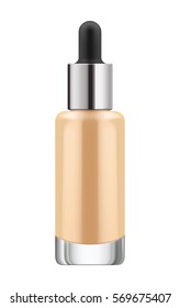 3D realistic transparent bottle for foundation cream. Mock-up of cosmetic glass container. Blank template of packaging for liquid cosmetic product. Vector illustration isolated on white background.