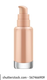 3D realistic transparent bottle with pump for foundation cream. Mock-up of glass container with dispenser. Blank template of packaging for cosmetic product. Vector illustration isolated on white