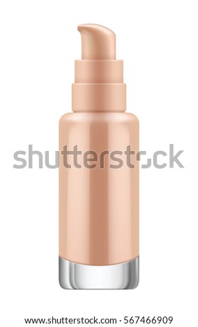 3D realistic transparent bottle with pump for foundation cream. Mock-up of glass container with dispenser. Blank template of packaging for cosmetic product. Vector illustration isolated on white