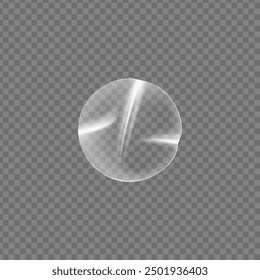 3D realistic transparent glued crumpled round sticker vector icon. Blank adhesive transparent plastic sticker label with wrinkled effect. Overlay PVC tag or scotch tape circle shape