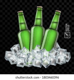 3d realistic transparent green beer bottles in ice cubes