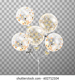 3d Realistic transparent helium Bunch of balloons confetti isolated in the air. Party decorations for birthday, anniversary, celebration, event design. Vector.