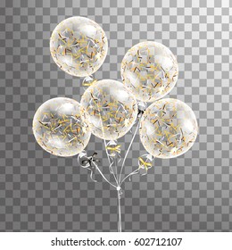3d Realistic transparent helium Bunch of balloons confetti isolated in the air. Party decorations for birthday, anniversary, celebration. Vector