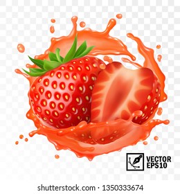 3d realistic transparent isolated vector, peeled strawberry fruit in a splash of juice with drops, edible handmade mesh