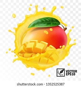 3d realistic transparent isolated vector, whole and pieces mango fruit with leaf in a splash of juice with drops