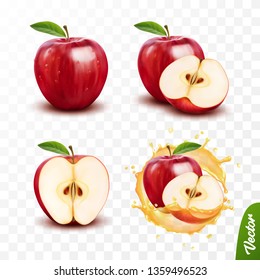3d realistic transparent isolated vector set, whole and slice of apple, apple in a splash of juice with drops