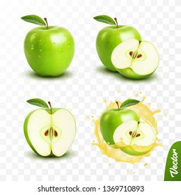 3d реалистичный прозрачный изолированный векторный набор, весь и ломтик зеленого яблока, яблоко в брызгах сока с каплями
