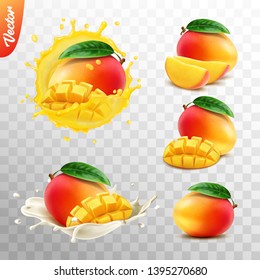 3d realistic transparent isolated vector set, whole and slice of mango fruit, mango in a splash of juice with drops, mango in a splash of milk or yogurt