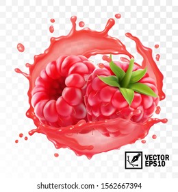 3d realistic transparent isolated vector, peeled raspberry fruit in a splash of juice with drops, edible handmade mesh