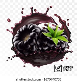 3d realistic transparent isolated vector, blackberry a sprig in a splash of juice with drops, edible handmade mesh