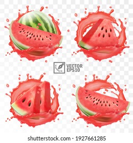 3d realistic transparent isolated vector set, whole and slice of watermelon in a splash of juice with drops