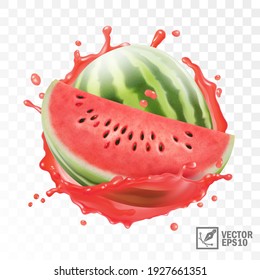 3d realistic transparent isolated vector, whole and half of watermelon in a splash of juice with drops