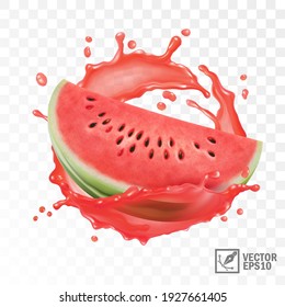 3d realistic transparent isolated vector, half of watermelon in a splash of juice with drops