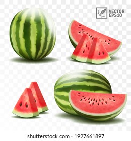 3d realistic transparent isolated vector set, whole, half and slice juicy watermelon