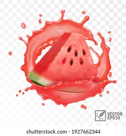 3d realistic transparent isolated vector, slice of watermelon in a splash of juice