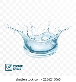 3D realistic transparent isolated vector splash of water with drops in the form of a crown on light background