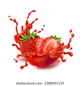 3d realistic transparent isolated vector set, whole and slice of strawberry, strawberry in a splash of juice with drops, strawberry in a splash of milk or yogurt