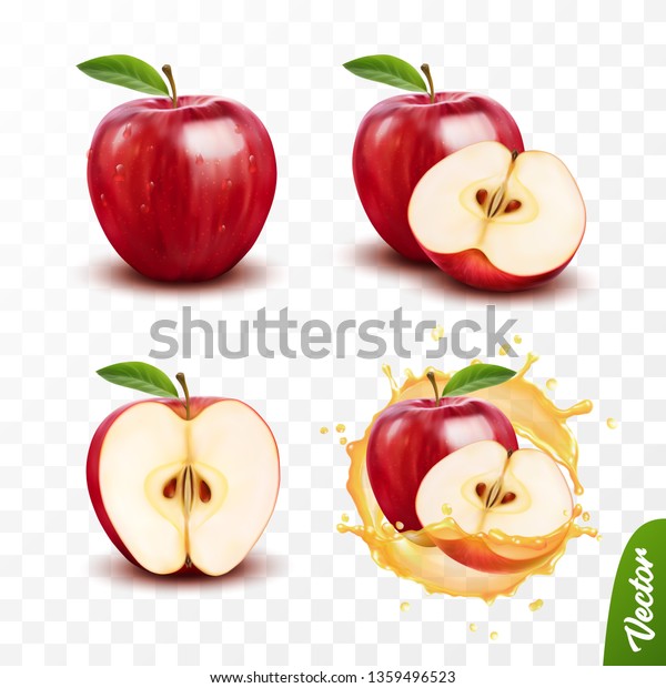 3d realistic\
transparent isolated vector set, whole and slice of apple, apple in\
a splash of juice with\
drops