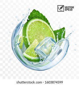 3D realistic transparent vector circle splash mojito, Ice cubes, mint leaves, water splash and lime