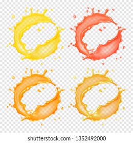 3d realistic transparent vector circular splash of liquid, juice, tea, oil or paint