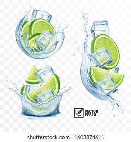 3D realistic transparent vector set splash mojito, Ice cubes, mint leaves, water splash and lime