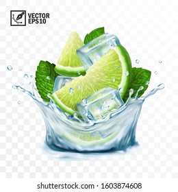 3D realistic transparent vector splash mojito, Ice cubes, mint leaves, water splash and lime