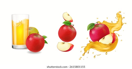 3d realistic transparent yellow juice splashes with apple fruits. Juice advertising elements , whole and slice of apple, glass of beverage isolated vector collection