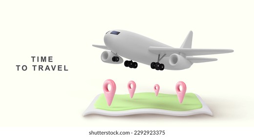 3d realistic Travel concept illustration, Airplane flying over the map pin. Vector illustration