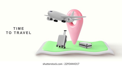 3d realistic Travel concept illustration, Airplane flying over the travel bags and map pin. Vector illustration.