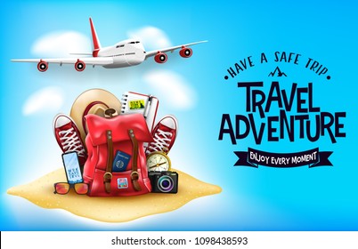 3D Realistic Travel Items Like Airplane, Backpack, Sneakers, Mobile Phone, Passport And Sunglasses In The Sand With Have A Safe Trip Message Text In Blue Background Banner Design. 