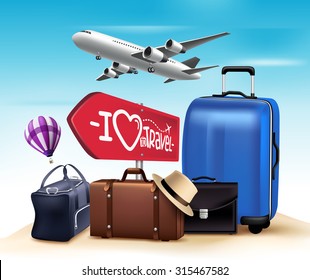 3D Realistic Travel and Tour Design with Set and Collections of Bags and Airplane. Vector Illustration
