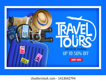 3D Realistic Travel & Tours Ads Banner in Blue Background with Blue Traveling Bag and other Elements. For Promotional Purposes
 svg