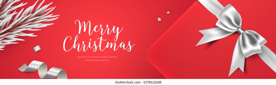 3d realistic trendy christmas background card banner, red duotone style, confetti, gift box and fir branch vector cover template