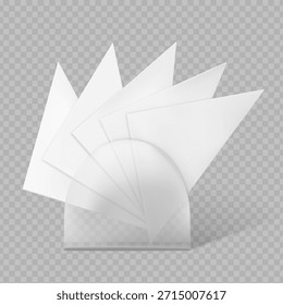 Servilletas blancas triangulares realistas 3D en un soporte redondo transparente. Mesa, hogar, cafetería. Higiene, limpieza. Maqueta de marca en blanco. Ilustración vectorial. Fondo gris aislado.