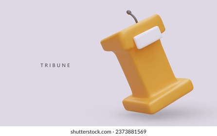 3d realistic tribune in cartoon style. Speaker lectern with microphone. Conference stage, press or debate speaker. Vector illustration with place for text and purple background