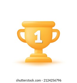 3d realistic trophy or champion cup icon vector illustration. isolated in white. golden yellow champion trophy with number one affixed to the front. apps icon.