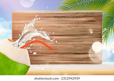 3D realistic tropical beach summer background template. Illustrated wooden board next to coconut water splashing out on beach background.