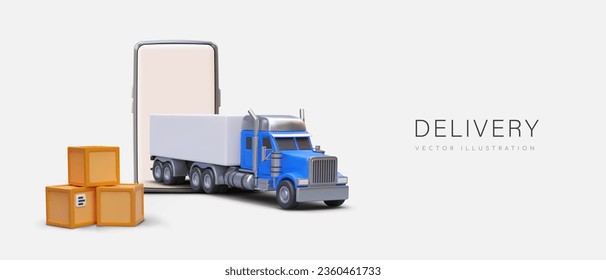 3d realistic truck, orange parcels and modern smartphone. Fast delivery service concept. Advertising web poster with place for text and gray background. Vector illustration