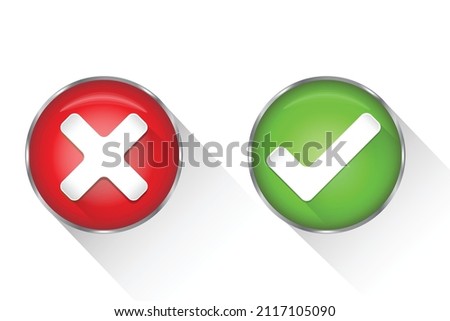 3D Realistic True and False symbols accept rejected for evaluation. Vector Simple and modern icons style isolated on dark background. 3D Silver buttons. Round Signboards with shining silver frame.