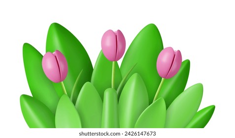 3d realistic tulip, grass and leaves. Happy Mother s Day, Valentine Day concept. Spring decoration. 3d rendering. Vector illustration