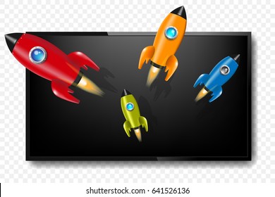 3D Realistic TV screen. With Rocket. Large computer monitor display mockup. Blank television template. Graphic design element for catalog, web site, as mock up. Vector illustration