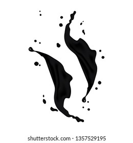 3d realistic twisted black ink splash with drops. Isolated  surfing wave on white background. Product package design. EPS10 Vector 