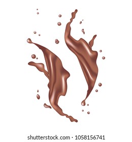 3d realistic twisted dark chocolate milk splash with drops. Isolated cocoa yogurt caramel cream surfing wave on white background. Coffee Product package design. EPS10 Vector