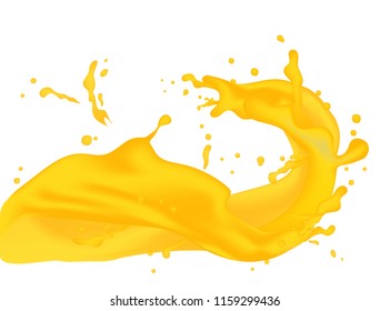 3d realistic twisted pineapple, banana, orange juice milk splash with drops. Isolated banana yogurt caramel cream surfing wave on white background. Product package design. EPS10 Vector 