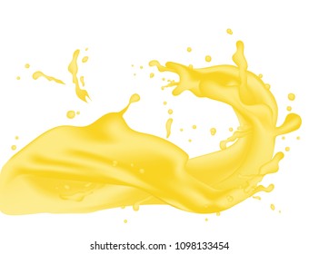 3d realistic twisted pineapple juice milk splash with drops. Isolated ananas yogurt caramel cream surfing wave on white background. Product package design. EPS10 Vector 