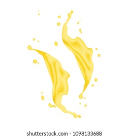 3d realistic twisted pineapple juice milk splash with drops. Isolated ananas yogurt caramel cream surfing wave on white background. Product package design. EPS10 Vector 