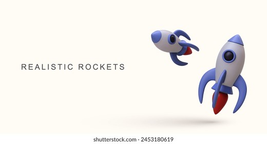 3d realista dos cohetes azules sobre fondo blanco. Ilustración vectorial.