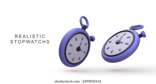 3d realistic two blue stopwatchs on white background. Vector illustration.