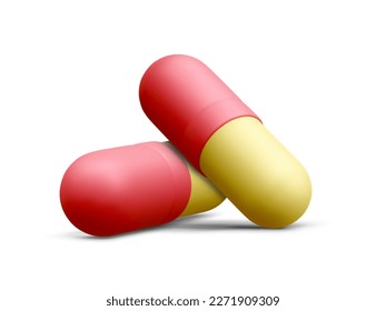 3d realistic two close up capsule pills isolated on white background. Vector illustration